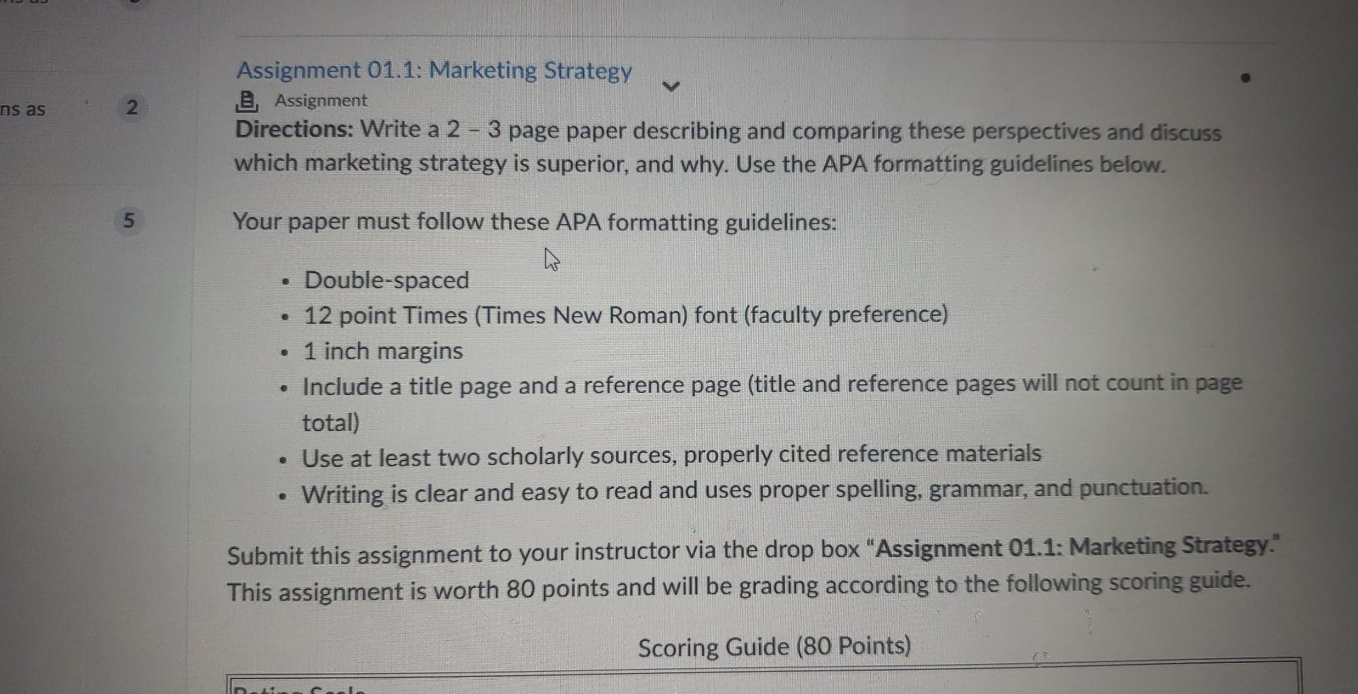  Assignment 01.1: Marketing Strategy Assignment Directions: Write a 2 - 3