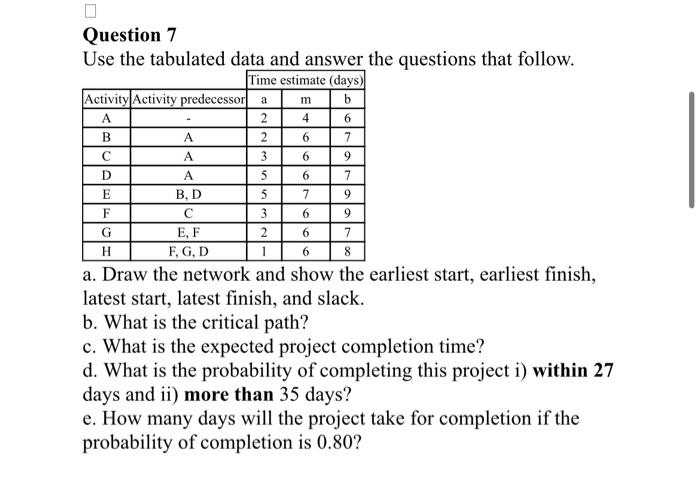  Question 7 Use the tabulated data and answer the questions that