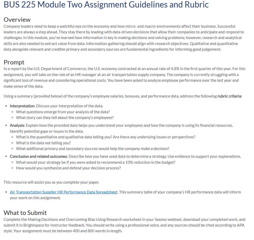 BUS 225 Module Two Assignment Guidelines and Rubric Overview Company leaders