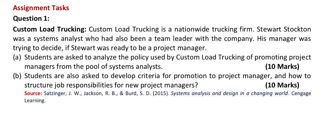  Assignment Tasks Question 1: Custom Load Trucking: Custom Load Trucking is
