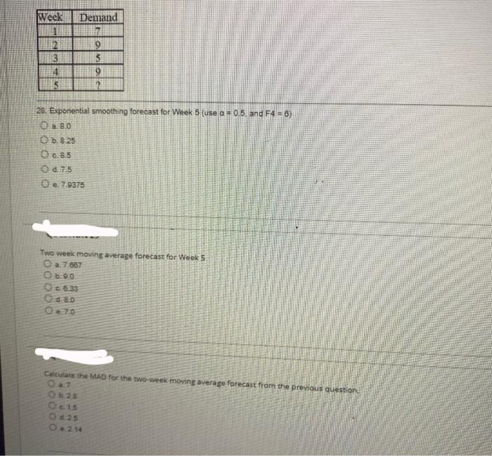 ?? 28. Exponential smoothing forecast for Week 5 (use =0.5, and F4=6