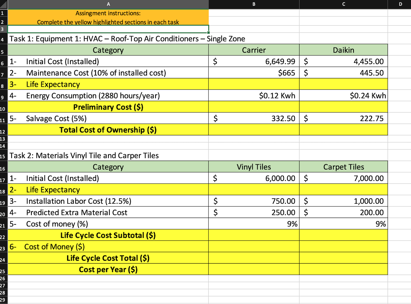  Assingment instructions: Complete the vellow highlighted sections in each task Task