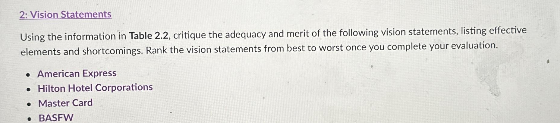  2: Vision Statements Using the information in Table 2.2, critique the