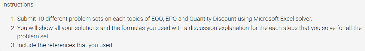 Instructions: 1. Submit 10 different problem sets on each topics of