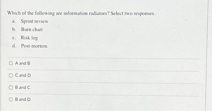 b. Sprint backlog c. Product backlog d. Sprint planning C and D