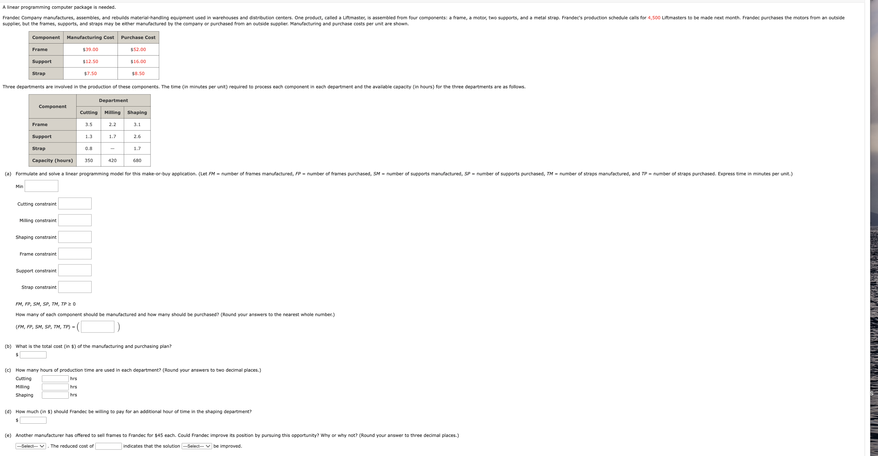 A linear programming computer package is needed. Frandec Company manufactures, assembles, and