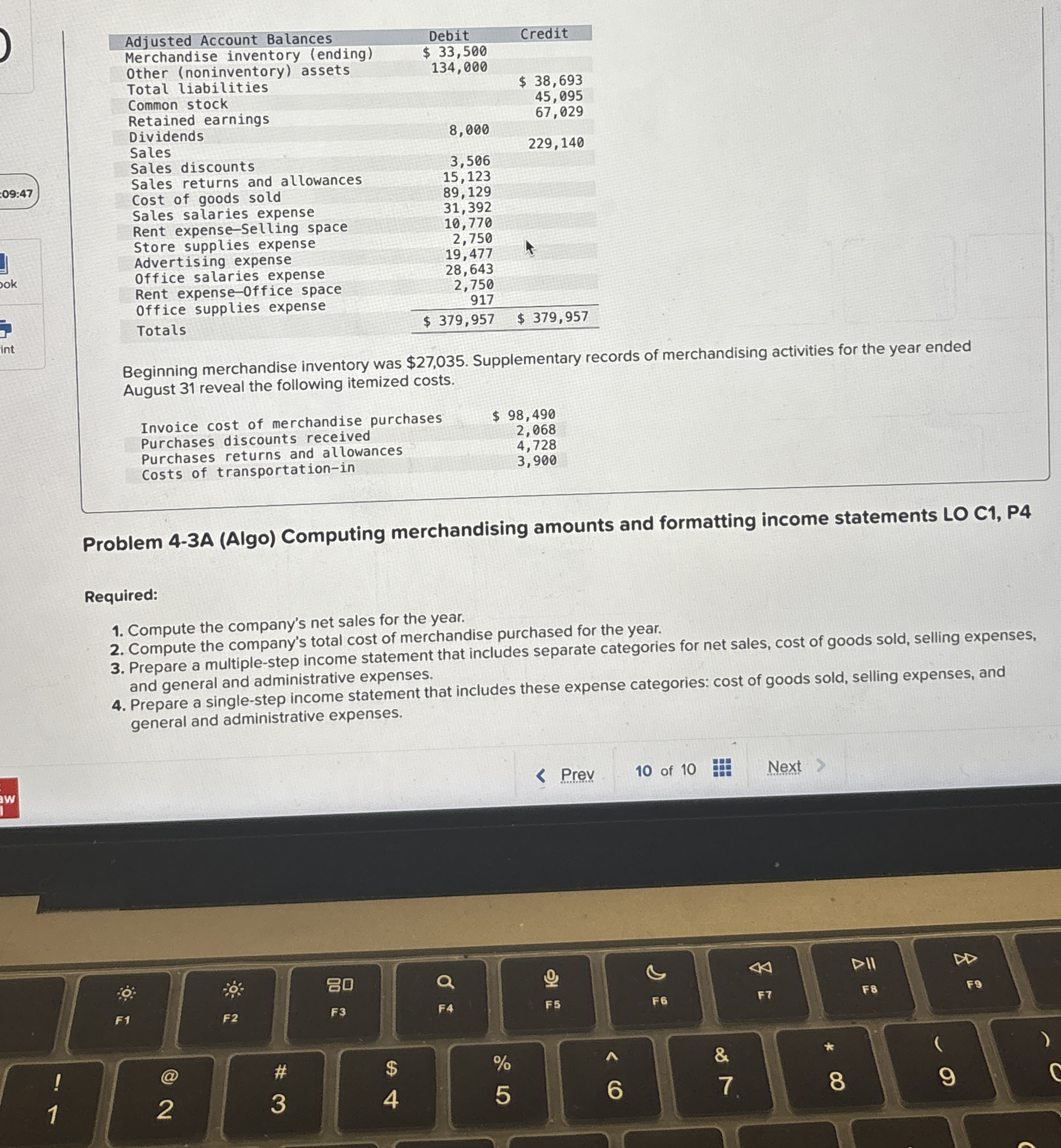  Beginning merchandise inventory was $27,035. Supplementary records of merchandising activities for