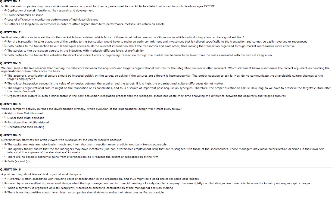 Answer each please Multidivisional companies may have certain weaknesses compared to other