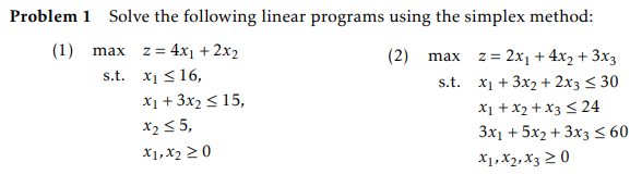 Problem 1 Solve the following linear programs using the simplex method: