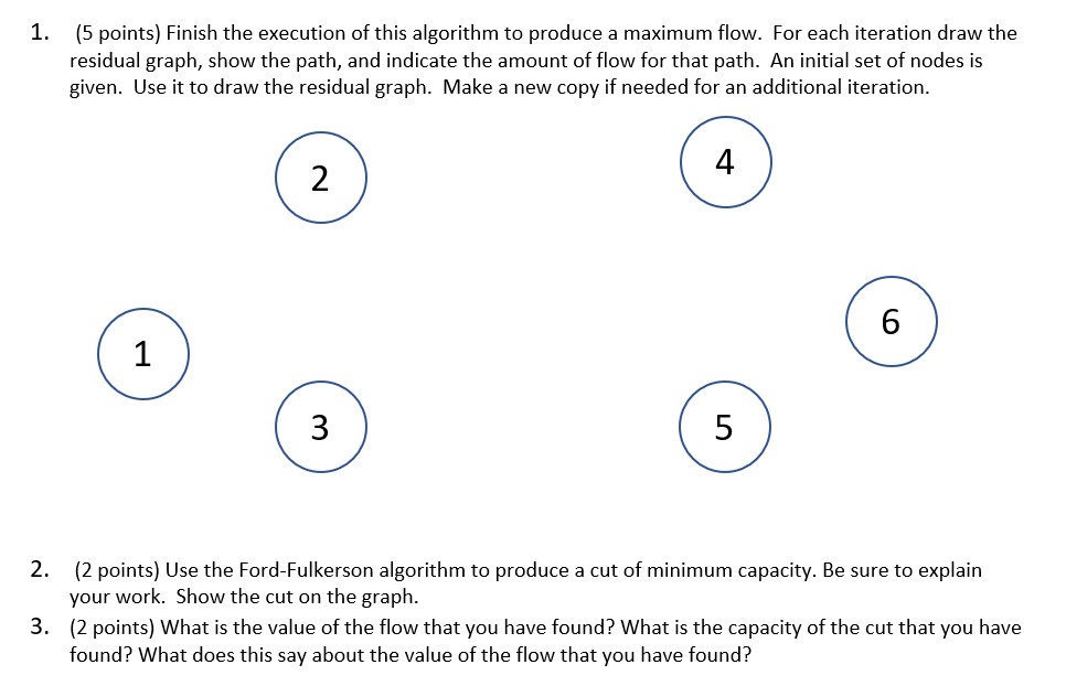 the maximum flow problem, with source node 1, and sink node 6.