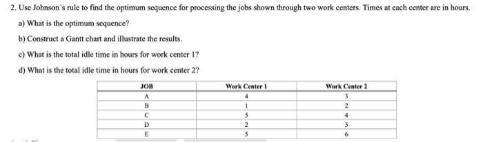  2. Use Johnson's rule to find the optimum sequence for processing