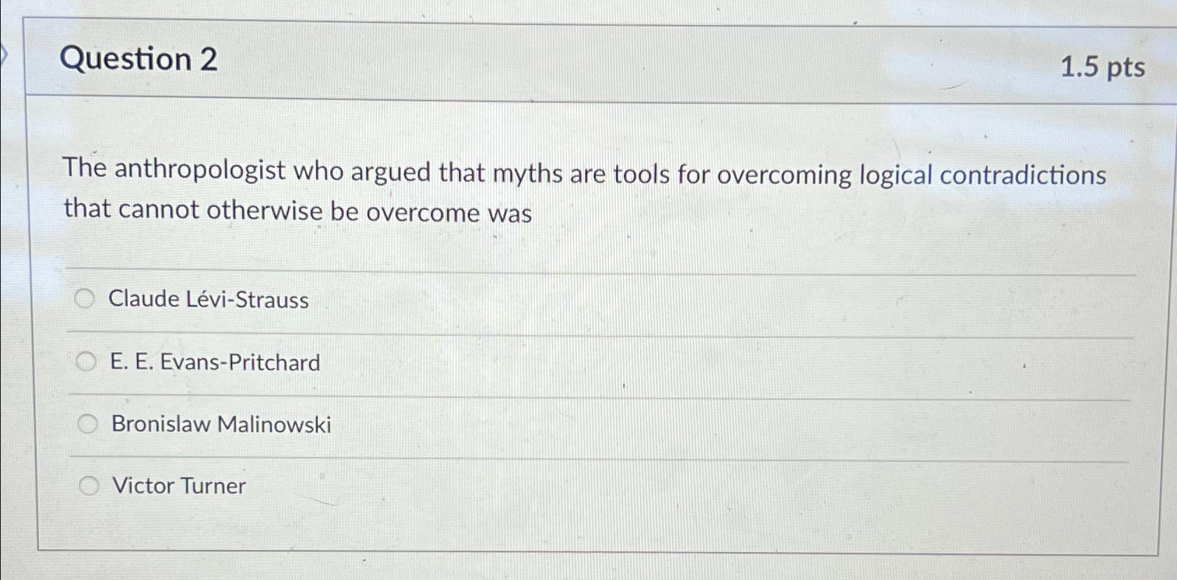  Question 2 1.5pts The anthropologist who argued that myths are tools