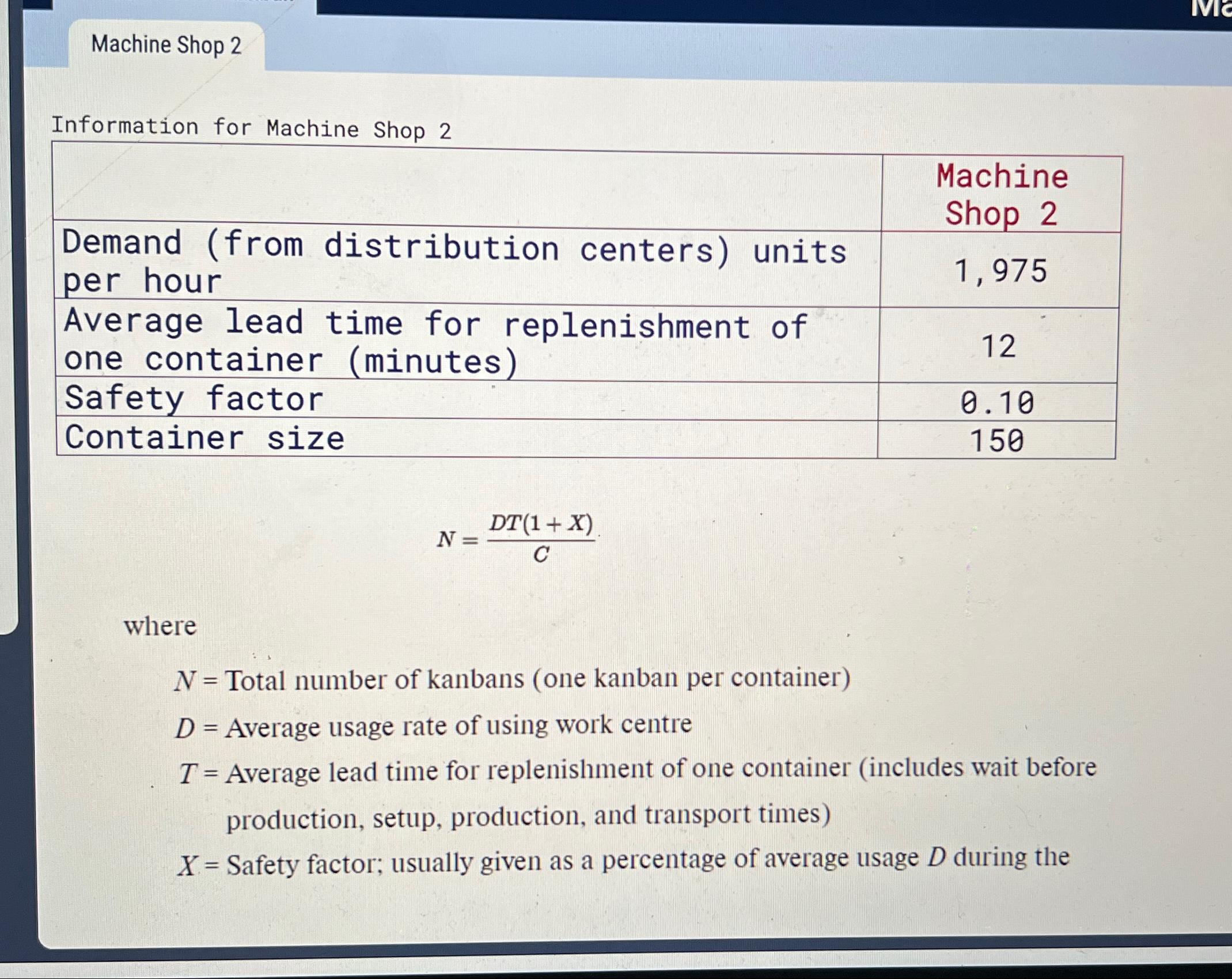  Machine Shop 2 Information for Machine Shop 2 \table[[,\table[[Machine],[Shop 2]]],[\table[[Demand (from