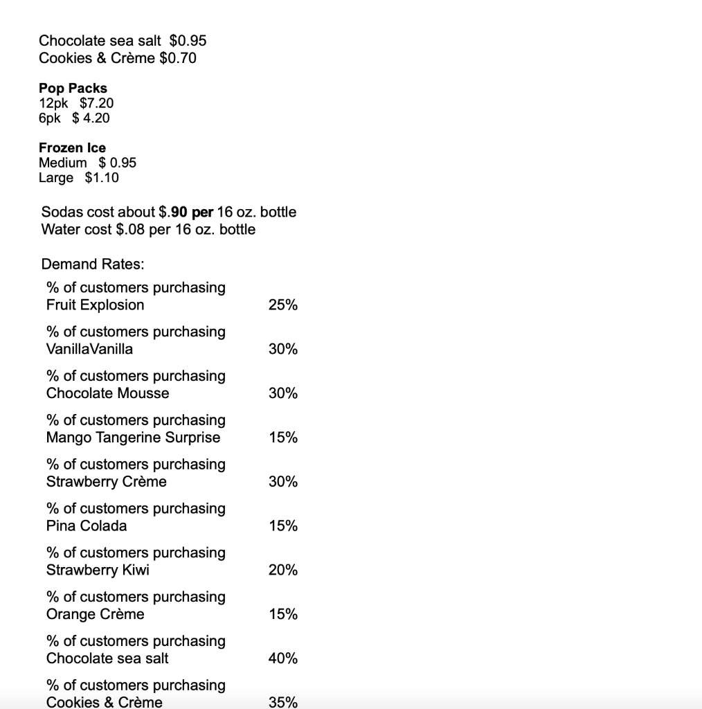 POPS, Frozen Ices, Frozen POPS Packs, Soda and Bottled Water. Her grand