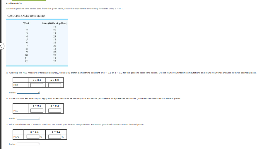  Problem 6-09 With the gasoline time series data from the given