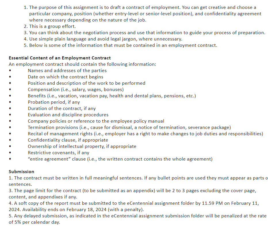  The purpose of this assignment is to draft a contract of