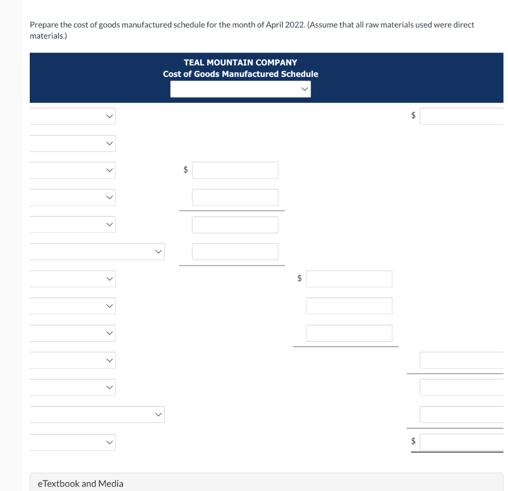 Mountain Company. Prepare the cost of goods manufactured schedule for the month
