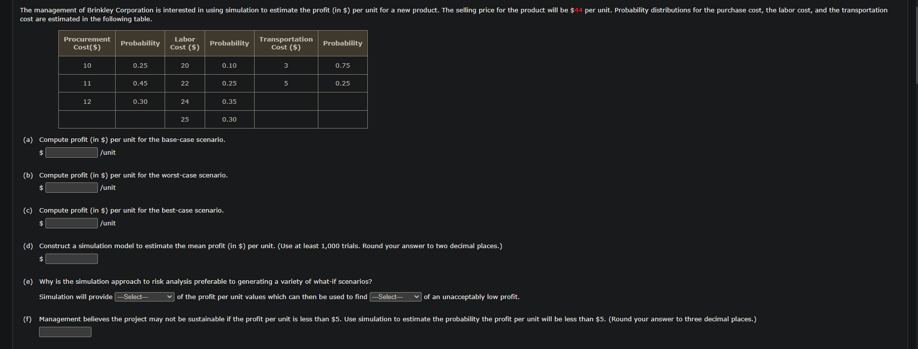  (a) Compute profit (in \$) per unit for the base-case scenario.