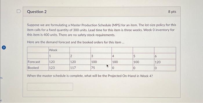  Suppose we are formulating a Master Production Schedule (MPS) for an
