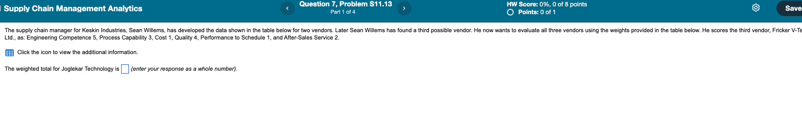 Supply Chain Management Analytics Question 7, Problem S11.13 Part 1 of 4