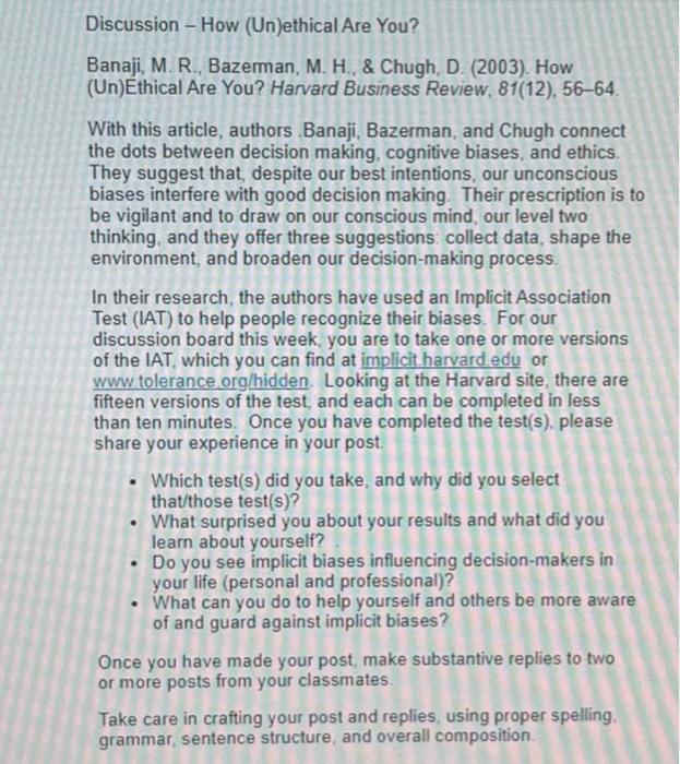 help please as fast as you can Discussion - How (Un)ethical Are