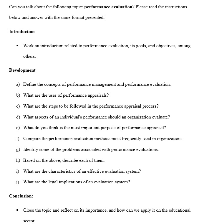 Can you help with the following topic based on performance evaluation? Please,