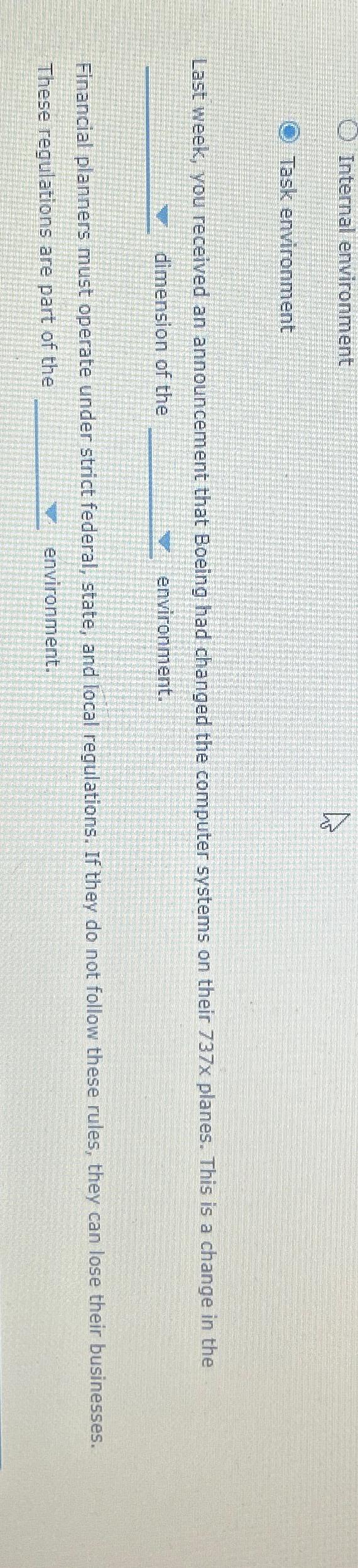  Internal environment Task environment Last week, you received an announcement that