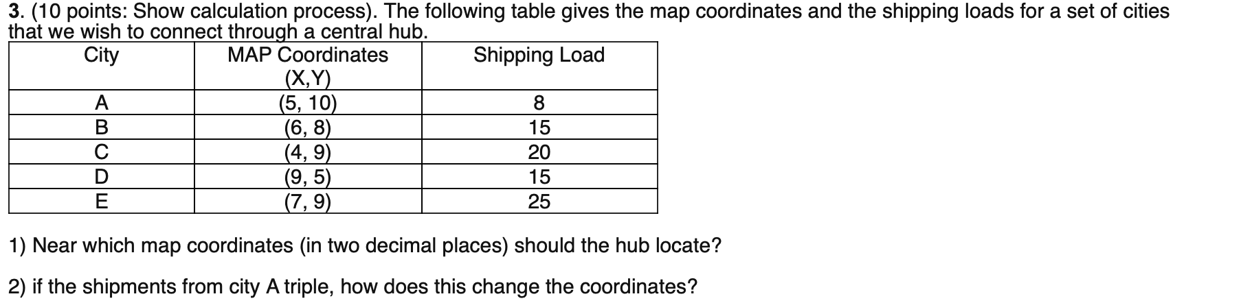  1) Near which map coordinates (in two decimal places) should the