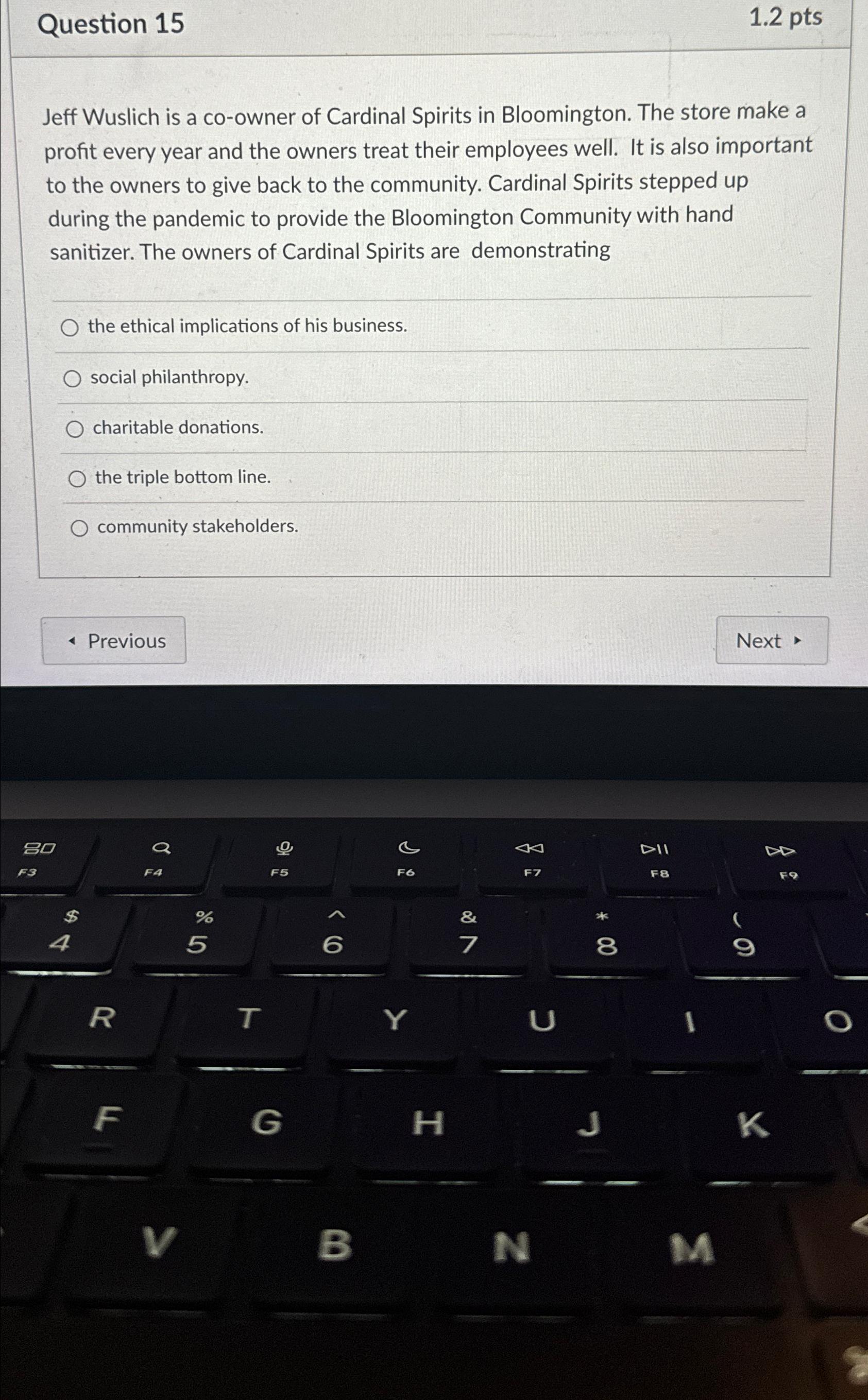  Question 15 1.2pts Jeff Wuslich is a co-owner of Cardinal Spirits