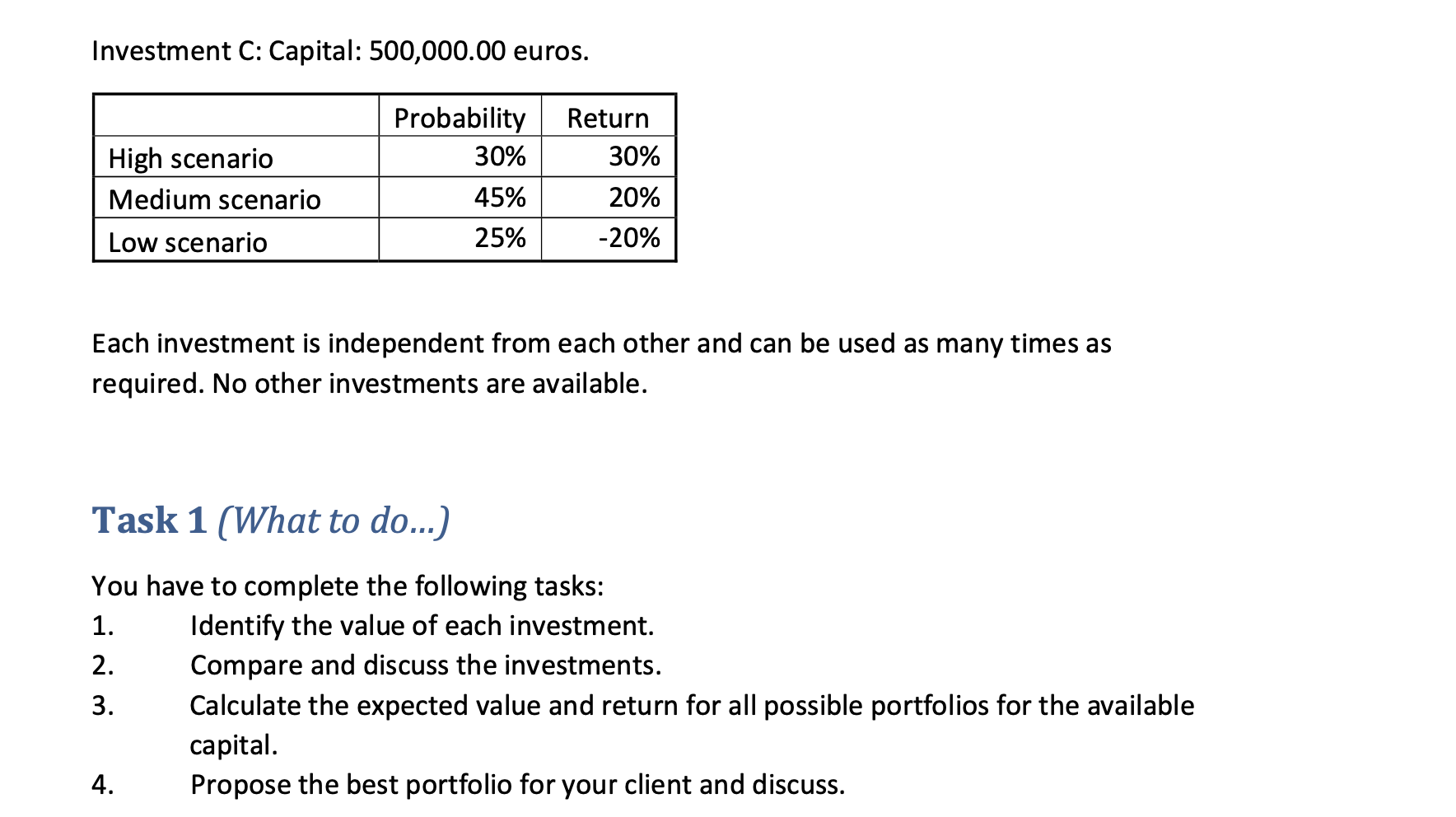 Your client has 2,000,000 euro to invest. Each investment has an initial