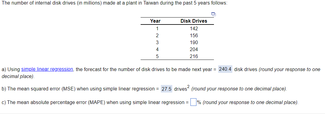  Using simple linear regression, the forecast for the number of disk
