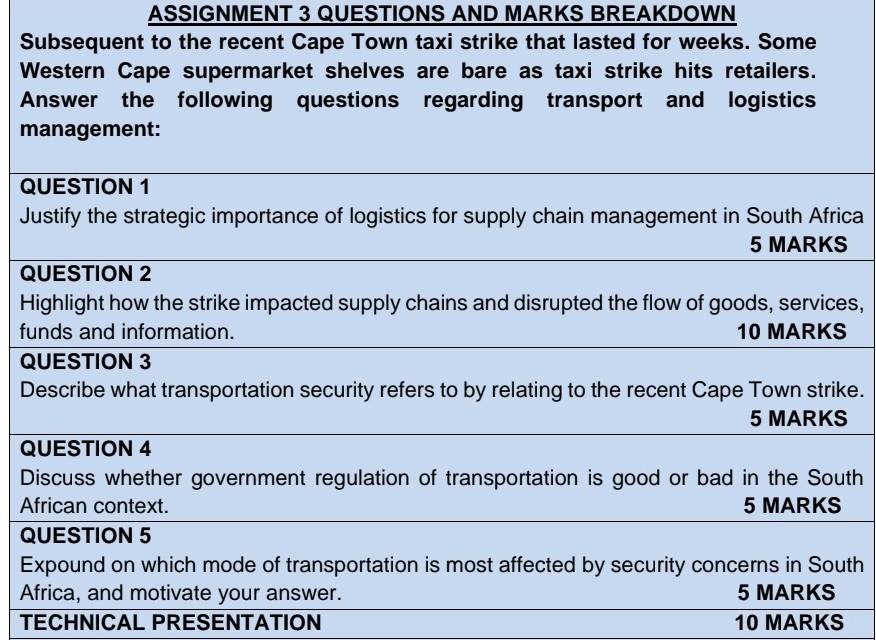  ASSIGNMENT 3 QUESTIONS AND MARKS BREAKDOWN Subsequent to the recent Cape
