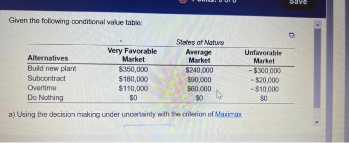 this decision is $300,000. b) Using the decision making under uncertainty with