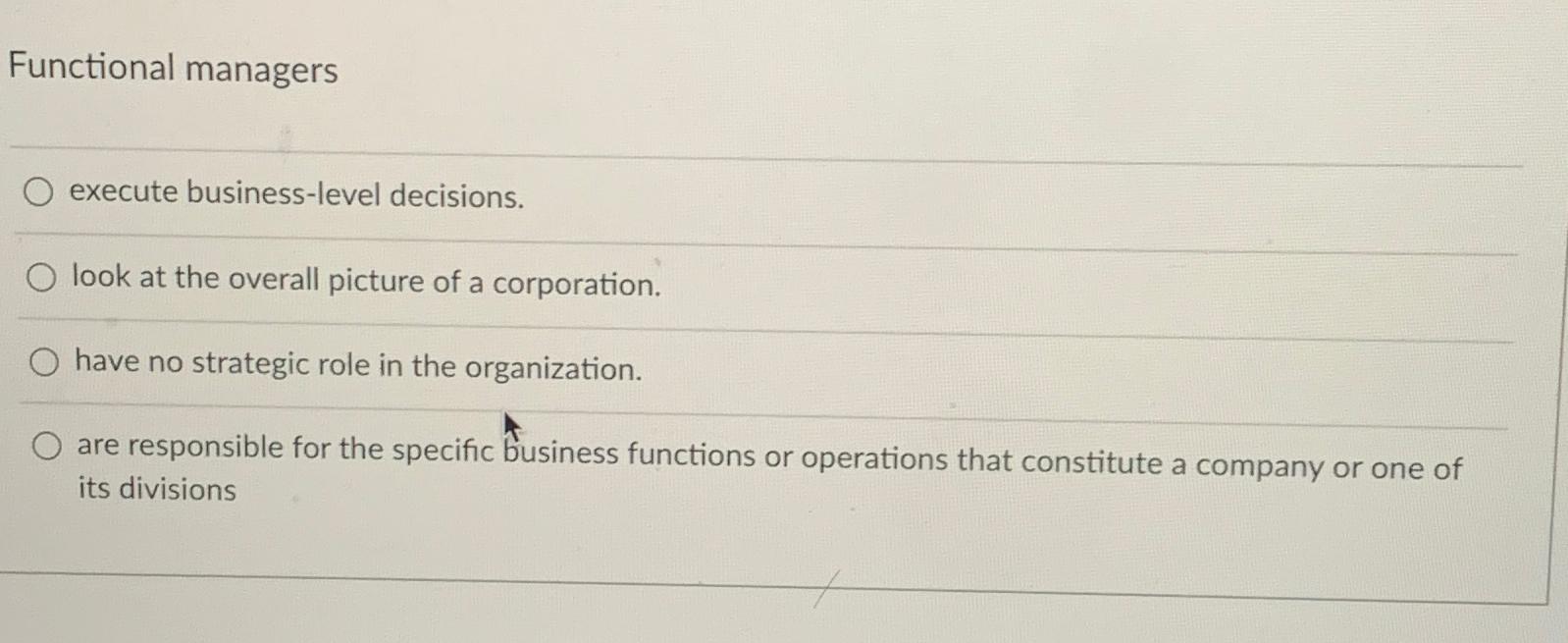  Functional managers execute business-level decisions. look at the overall picture of