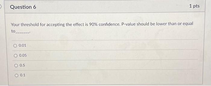  Question 6 Your threshold for accepting the effect is 90% confidence.