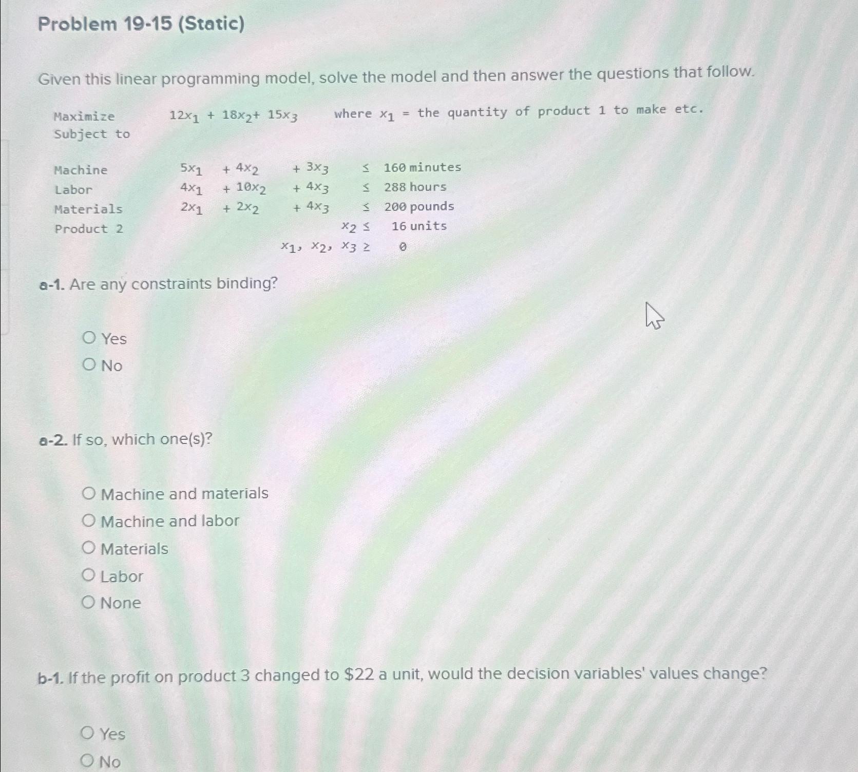  Problem 19-15(Static) Given this linear programming model, solve the model and