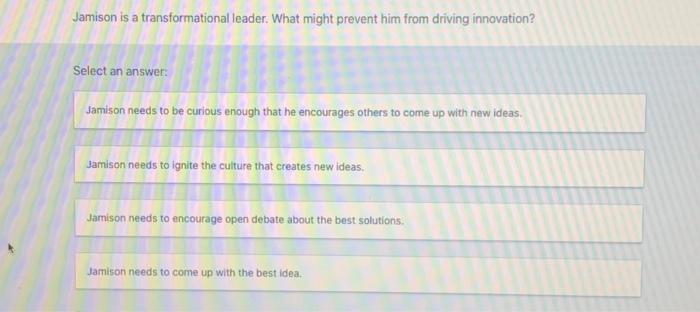 I need the answer Jamison is a transformational leader. What might prevent