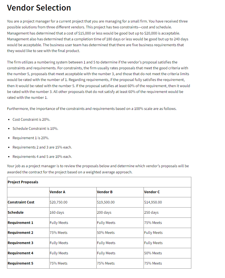  Vendor Selection You are a project manager for a current project