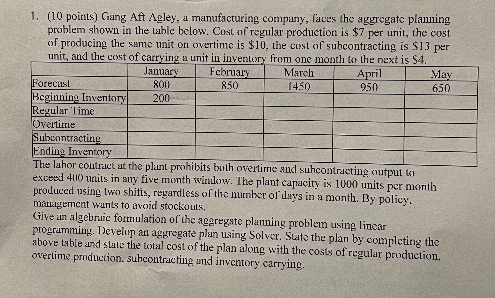 Please give EXCEL solution. Question Hint given by professor 1. (10 points)