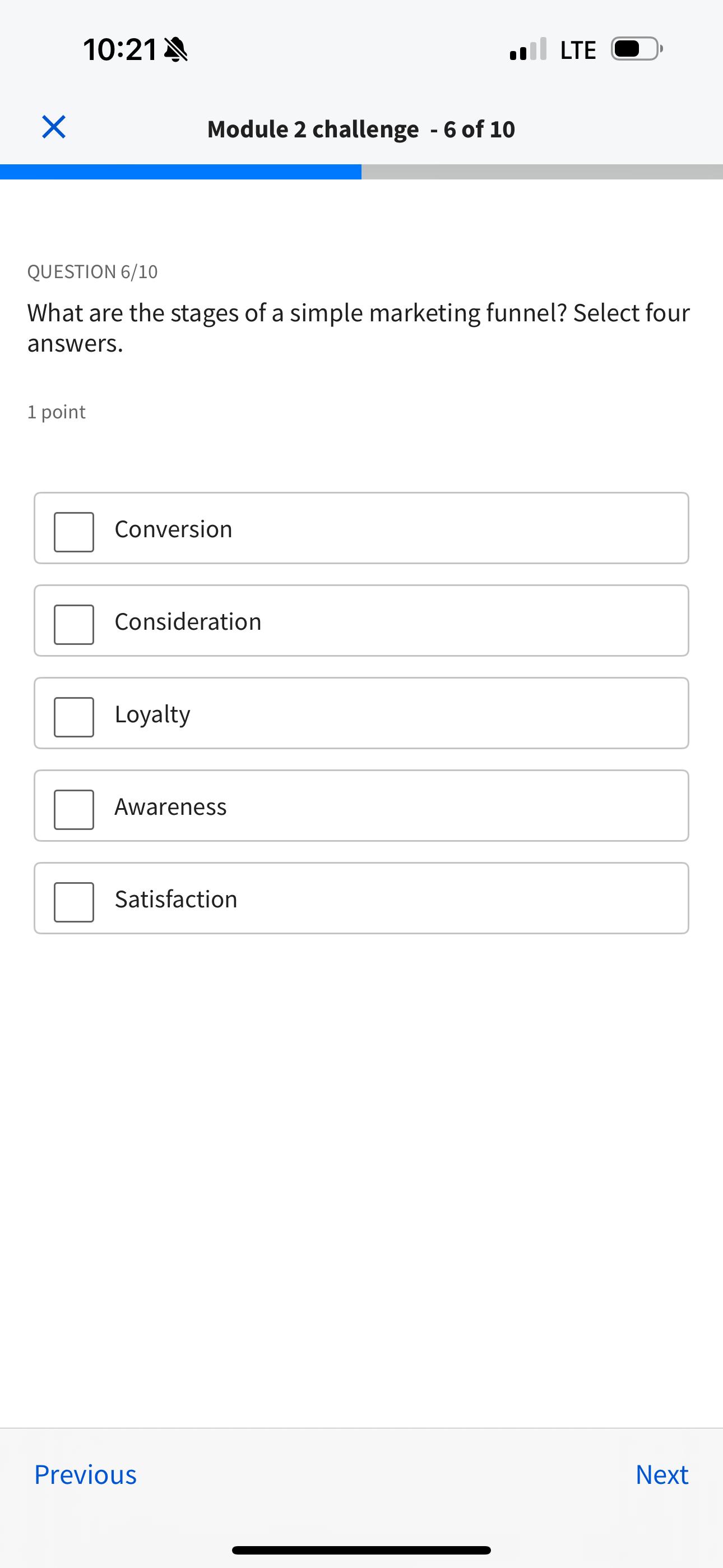  10:21 . LTE Module 2 challenge -6 of 10 QUESTION 6/10