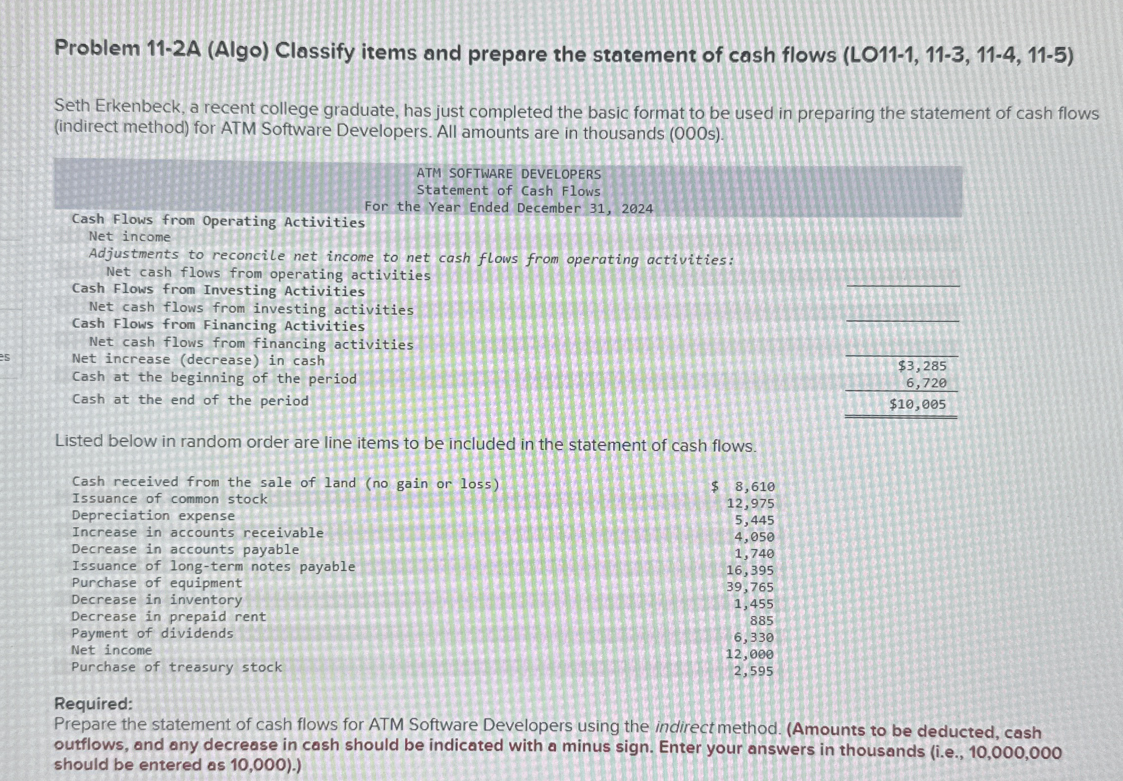  Problem 11-2A (Algo) Classify items and prepare the statement of cash