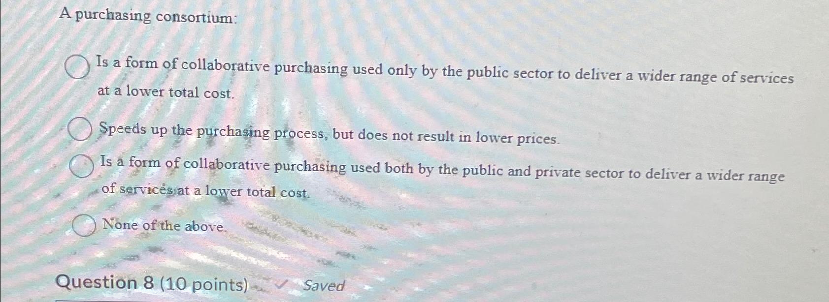  A purchasing consortium: Is a form of collaborative purchasing used only