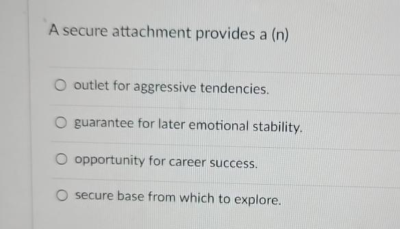  A secure attachment provides a (n) outlet for aggressive tendencies. guarantee
