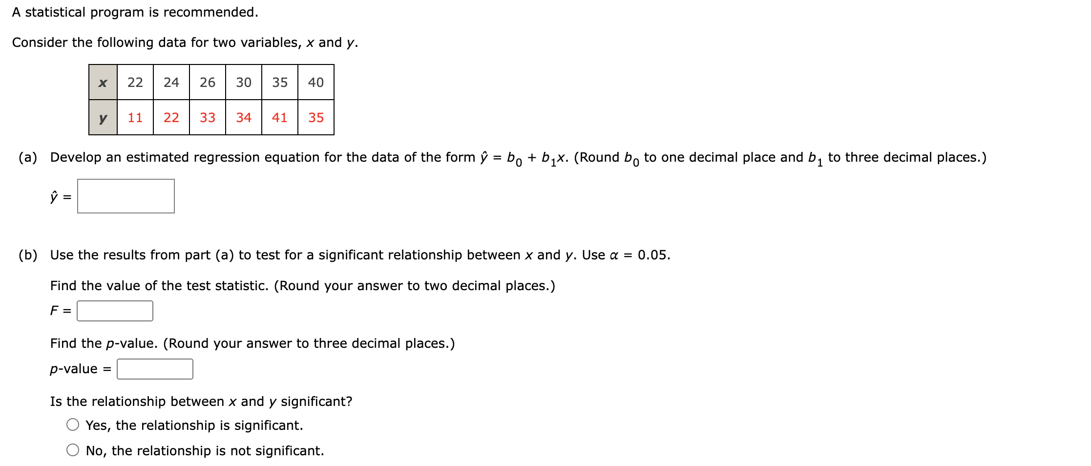  A statistical program is recommended. Consider the following data for two