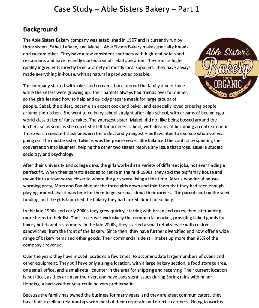 study, then respond to these questions. Provide Able Sisters a detailed response.