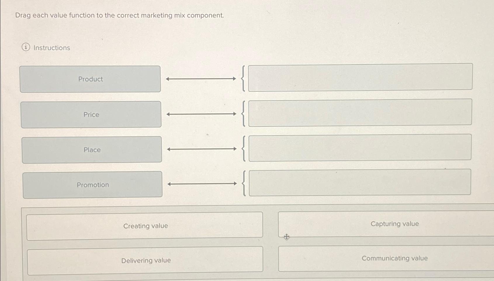  Drag each value function to the correct marketing mix component. Instructions
