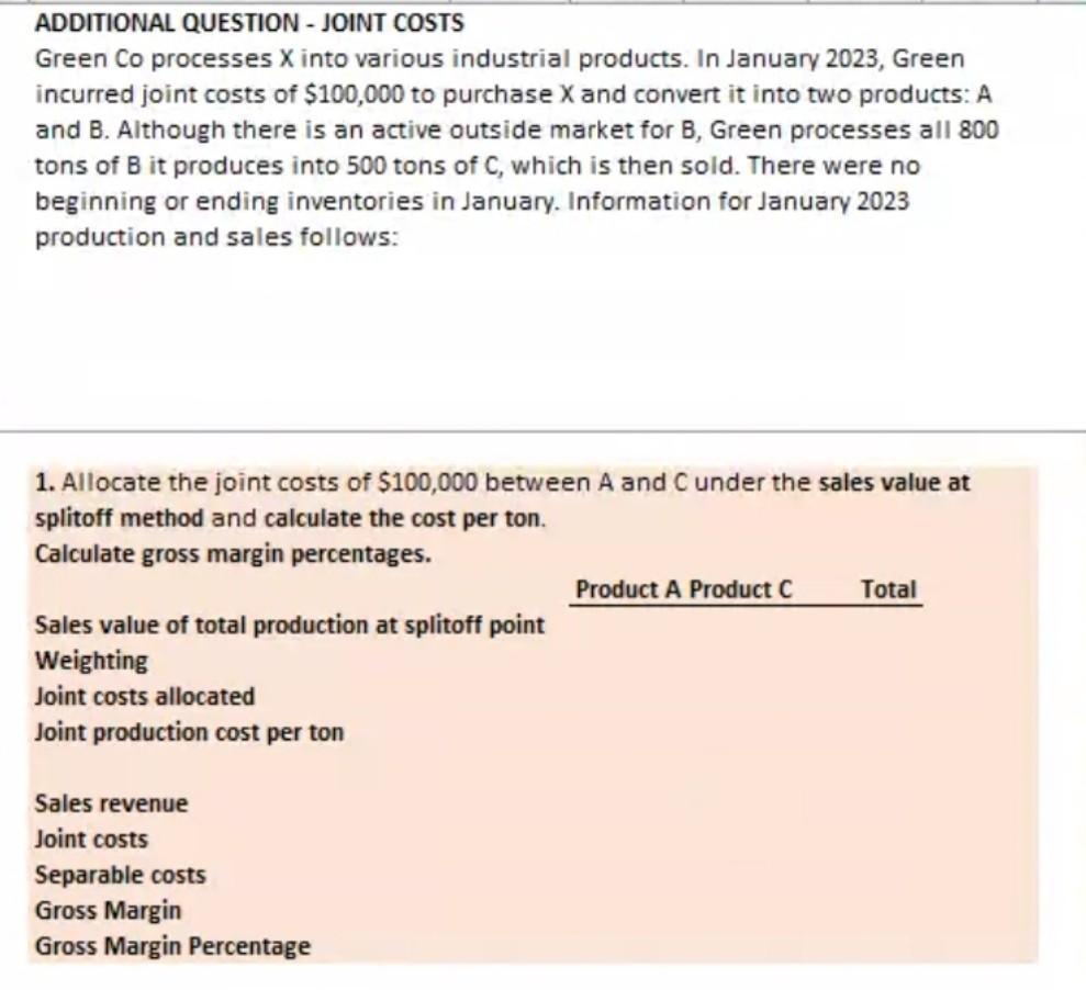 ADDITIONAL QUESTION - JOINT COSTS Green Co processes X into various