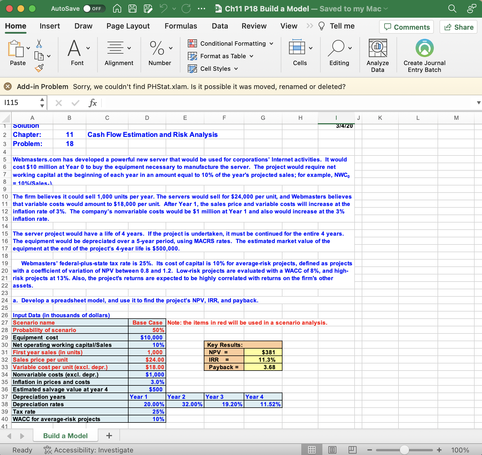 b. Now conduct a sensitivity analysis to determine the sensitivity of NPV