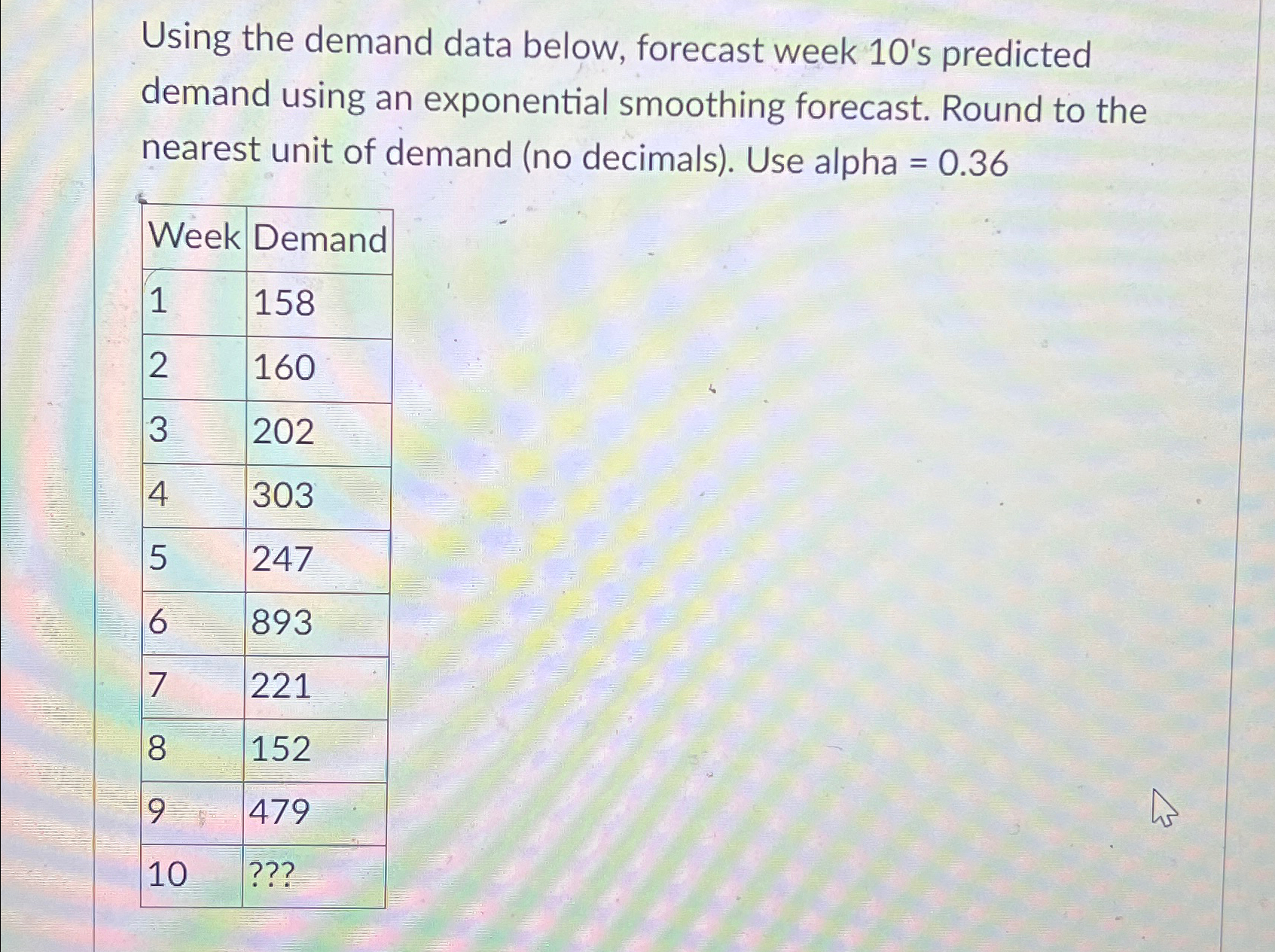  Using the demand data below, forecast week 10's predicted demand using