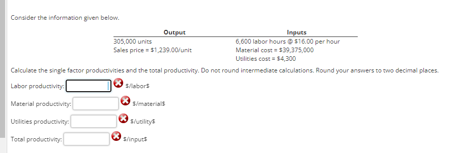  Consider the information given below. Calculate the single factor productivities and